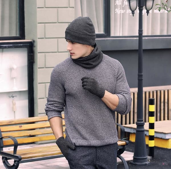 3-delat Winter Beanie Hat Halshandskar Set Mörkgrå one size