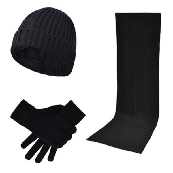 Strikket 3 stk Tørklæde + Hue + Handsker Black one size