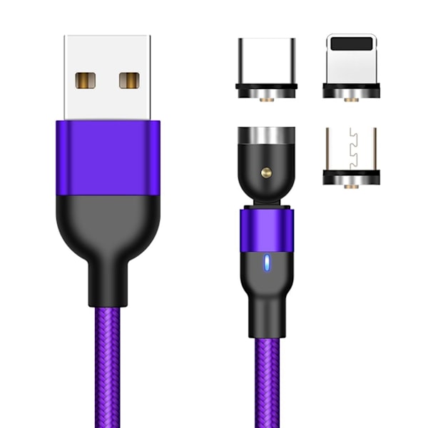 Magnetisk kabel, Lightning + Micro USB + USB-C, 3A Svart one size