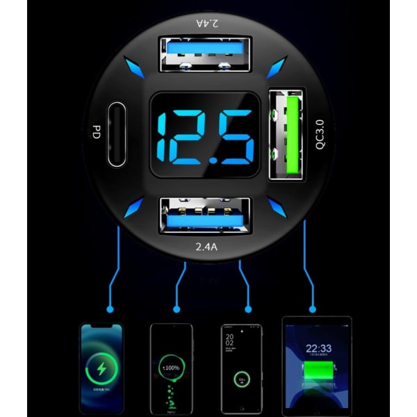 5-i-1 Biladapter med PD, USB-C & QuickCharge - Smart Opladning Black