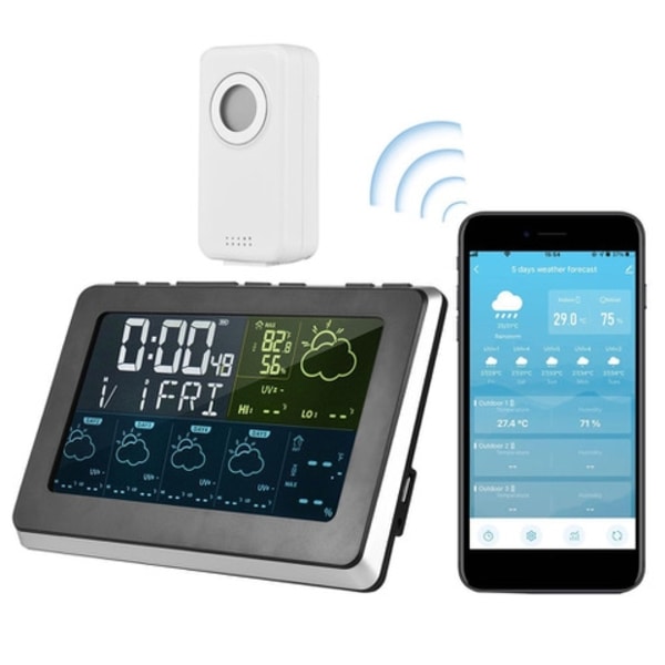 Wifi Väderstation med Klocka: Tuya & Smartlife APP Svart