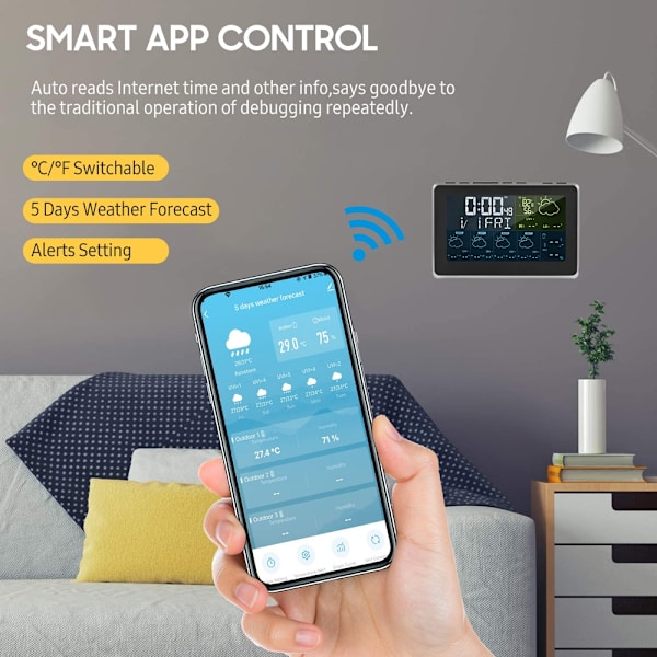 Wifi Väderstation med Klocka: Tuya & Smartlife APP Svart