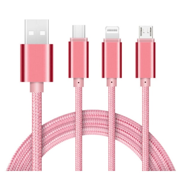 3 i 1 nylonkabel - Lightning / Micro-USB / USB-C Pink gold