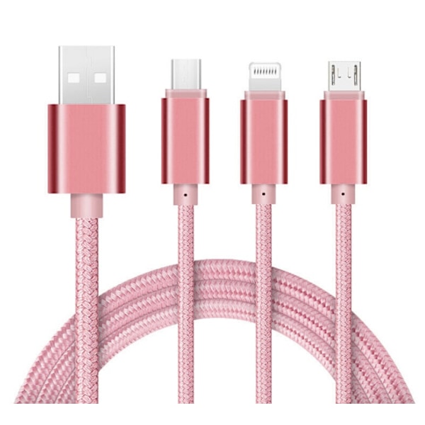 3 i 1 Nylonkabel - Lightning/Micro-USB/USB-C Rosa guld