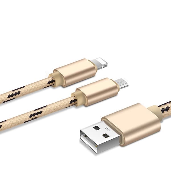 Tiikeripunottu Nylon micro + Lightning -kaapeli Gold