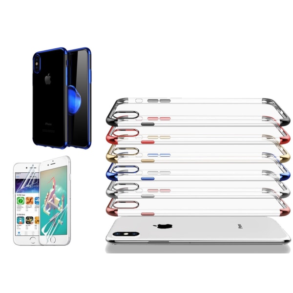 Sähköpinnoitettu TPU- case iPhone Xs Max kahdella näytönsuojalla. Blue