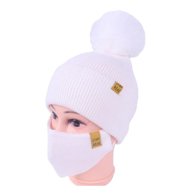 Stickad Mössa med Mask White one size