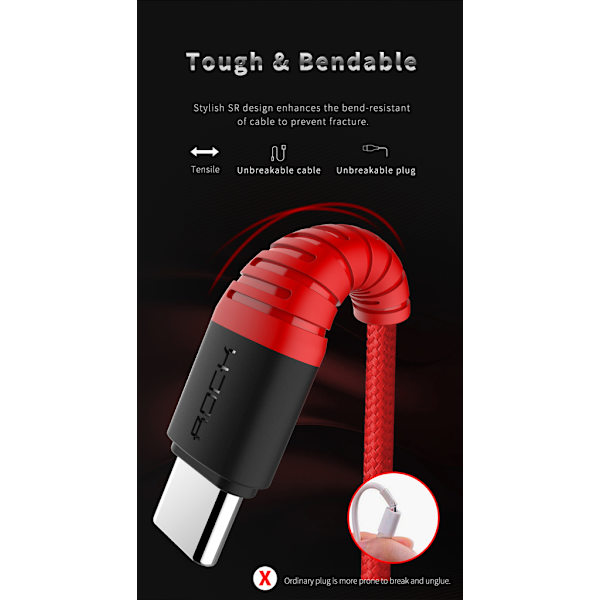 ROCK Hi-Tensile USB-C kabel 1m Black