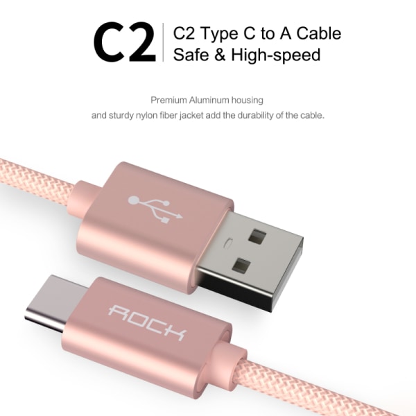 ROCK Nylon USB-C -kaapeli 1 m Pink