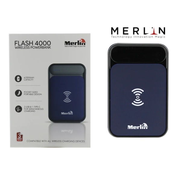Merlin Flash 4000 Trådlös Powerbank – Portabel 4000mAh Mörkblå