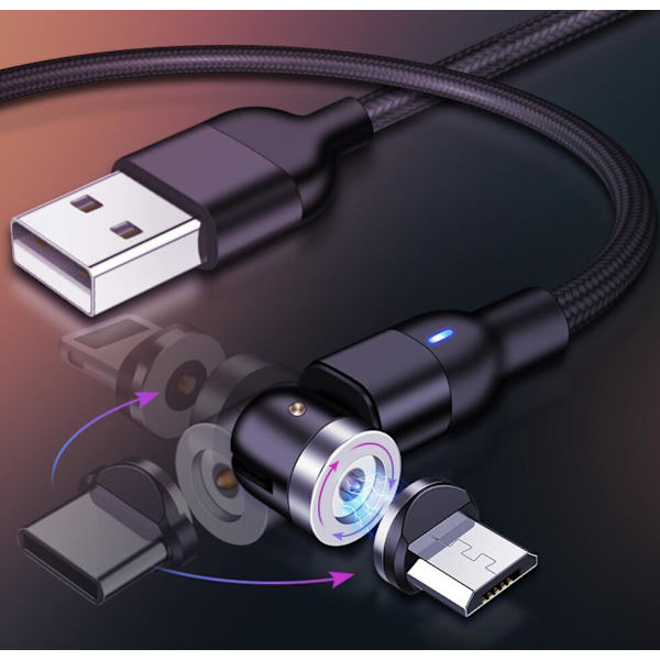 Magnetisk kabel, Lightning + Micro USB + USB-C, 3A Svart one size