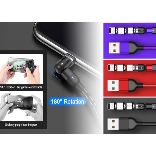 Magnetisk kabel, Lightning + Micro USB + USB-C, 3A Black one size