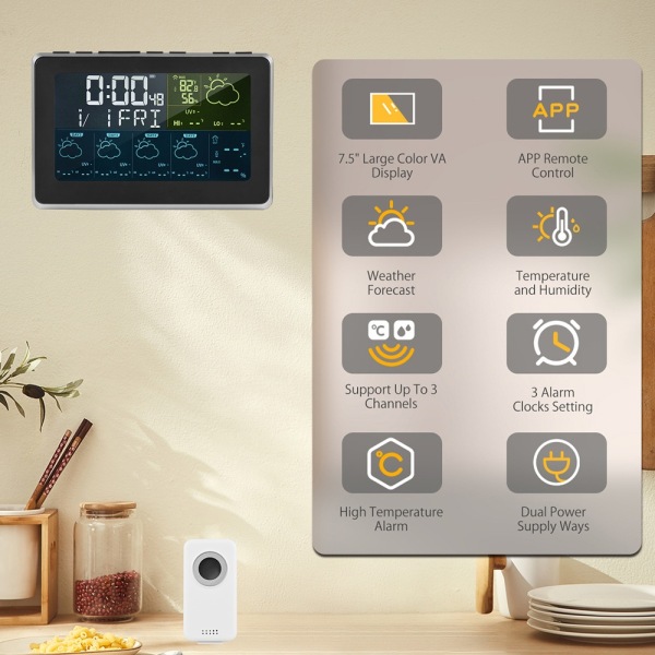 Wifi Väderstation med Klocka: Tuya & Smartlife APP Svart