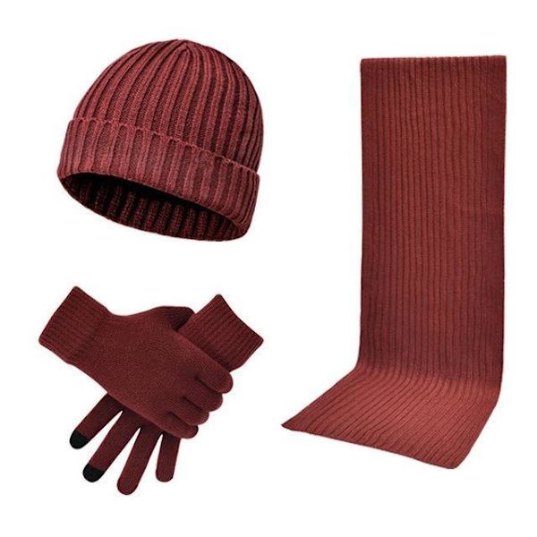 Knitted 3 pcs Scarf + Hat + Gloves Black one size