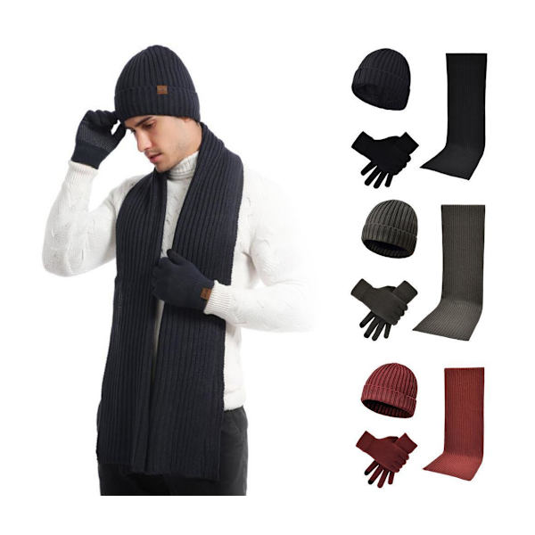 Knitted 3 pcs Scarf + Hat + Gloves Wine red one size