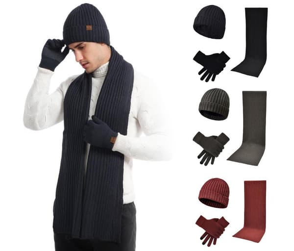 3 st Stickade Halsduk + Hatt + Handskar Svart one size