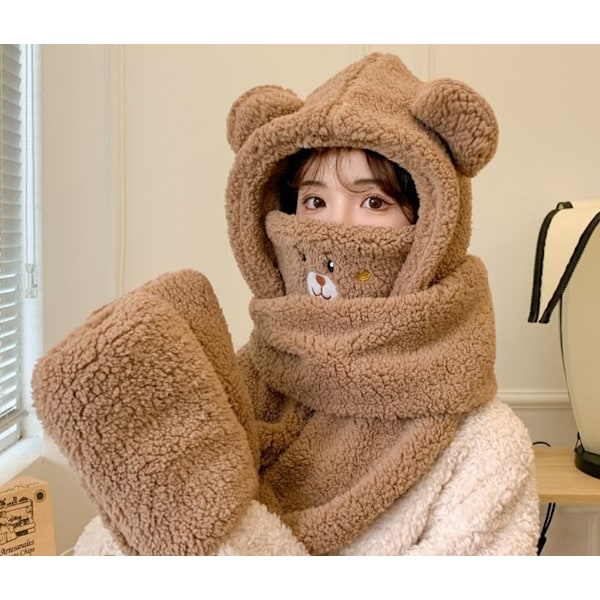 4-i-1 Varmt Sett – Lue, Skjerf, Hansker og Maske i Koselig Design Brown