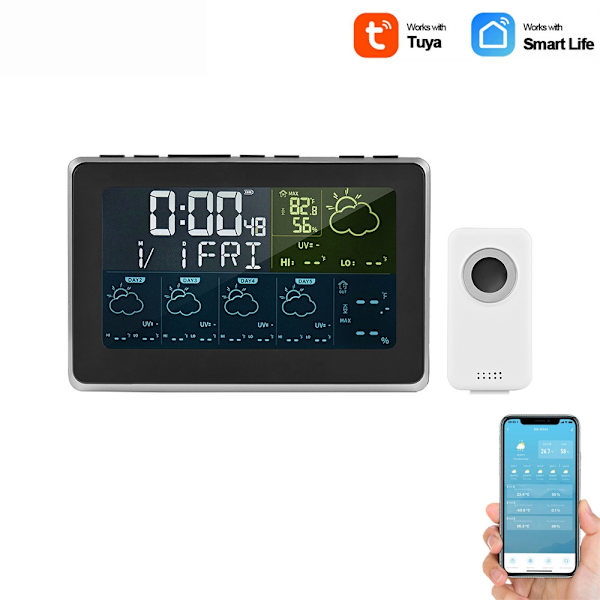 Wifi Værstasjon med Klokke: Tuya & Smartlife APP Black