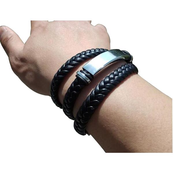 Unisex läder och rostfritt stål Twisted armband Svart one size