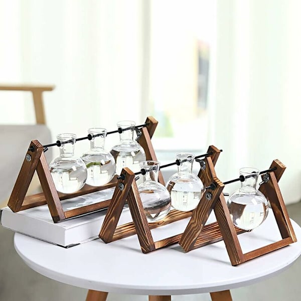 Glasvaser, glasvas med trästativ och metallstång för hydroponiska växter, heminredning (3 terrarium)