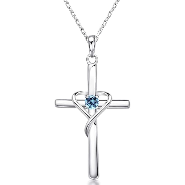 Mars Fødselsstein Kors Halskjede - 925 Sølv m/ 5A CZ & 14K Gull/Rose Gull Plating - Akvamarin Blå Unisex Julegave