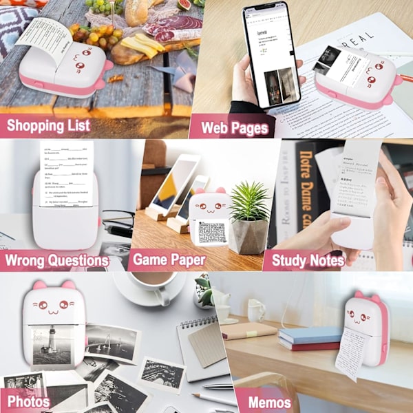 Mini Bluetooth Termisk Printer - Bærbar Trådløs Printer til Android/iOS - Udskriv Etiketter, Kvitteringer og Noter - Inkluderer 6 Papirruller - Hjem/Kontor/