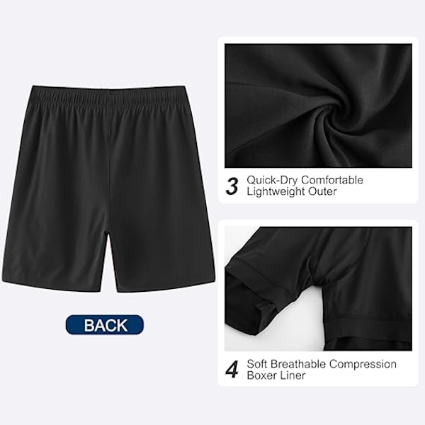 Badbyxor för män 7\" Snabbtorkande badshorts med kompressionsfoder och fickor med dragkedja - Storlek L - Svart