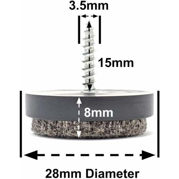 Filtsmøbelglider Skru ind i stol Sofafødder Puder Sort, 28mm, Gratis 2mm Bor Bit Kvalitetsgulvbeskyttere (Pakke med 100)