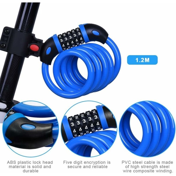 Cykellås, cykellås, 1-delat cykelkabellås, motorcykelhänglås, tillverkat av stark ståltråd, med 5-siffrigt lösenord (1,2 x 125 cm, blå) HIAS