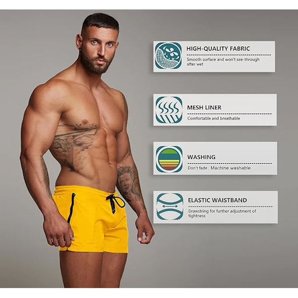 Hurtigtørkende Badeshorts for Menn, Lommer med Glidelås, Mesh-fôr - Størrelse L - Lys Gul