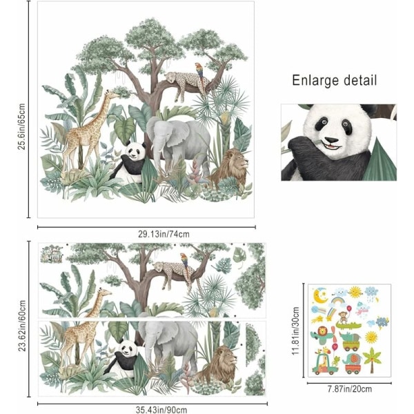 Tegnefilm tropisk regnskov dyr vægklistermærker, aftagelige grønne planter Lion Giraffe Elephant Decals, DIY Wall Art Decorations For Th