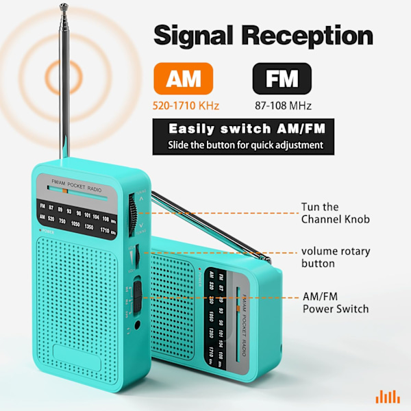 Kannettava radio AM FM -kaukosäädin kaiuttimella, kuulokeliitäntä, 2 AA-paristokäyttöinen, sopii sisä-, ulko- ja hätäkäyttöön, vihreä