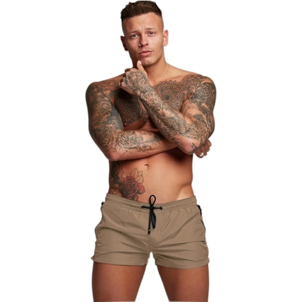 Hurtigtørrende badeshorts til mænd, lynlåslommer, mesh-for - Størrelse L - Khaki