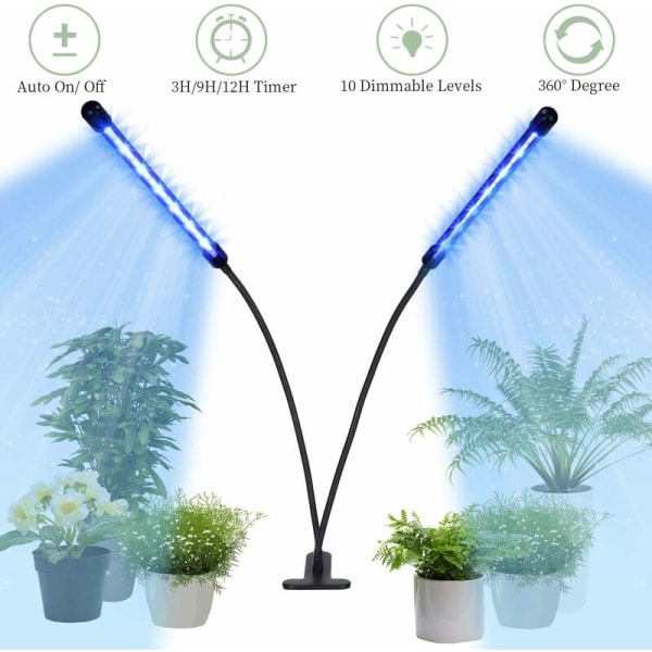 Plantelampe LED 8W Plantelys Plantelampe 2 Hoveder 40 LED Grolys Fuldspektrum Vækstlampe til Indendørs Planter med Timer (Sort-2 Hoveder)