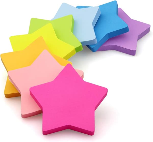 Otte stjerneformede sticky notes i 8 levende farver