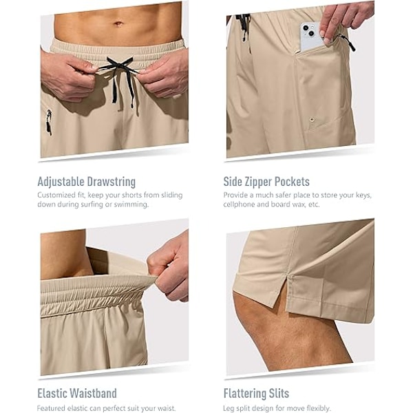 Snabbtorkande badshorts för män med dragkedjeficka, badshorts för män - Inget nätfoder - XL - Khaki