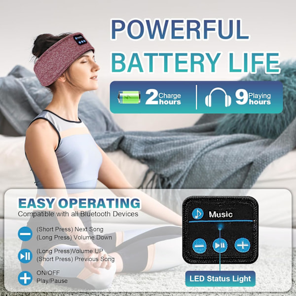 Bluetooth Sleep Headband - Trådløse hovedtelefoner med mikrofon til mænd og kvinder, perfekt til søvn, yoga, træning og løb (rød)