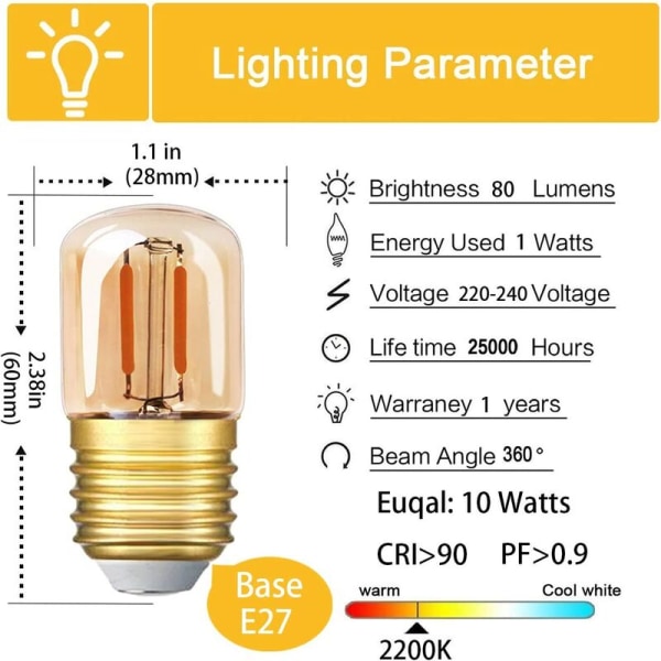 Mini putkimainen LED-lamppu, 1W T28 Edison LED-hehkulankapolttimo E27-kierrekanta 2200K Super lämmin valkoinen lamppu koristeelliseen himmennettävään (A