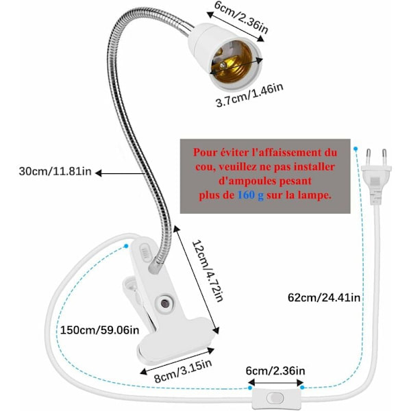 2 stk LED-bordlampefot E27 klemmepæreholder svanehalslampeholderfot bordlampe klemmefot med bryter 360° sokkellampe for lesing, Mak