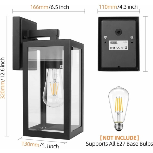 Utendørs vegglampe utendørs vegglampe med klart glasskjerm, 1 pakke utendørs vegglampe E27 IP44 vanntett matt svart