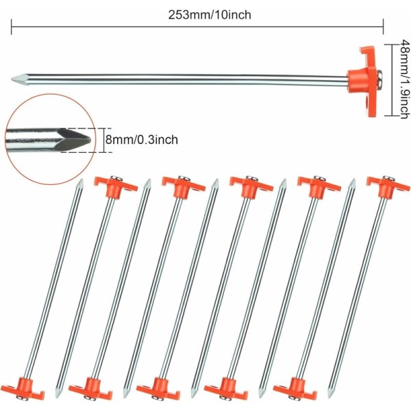 8 x 250MM Holdbare Stålteltstenger, Campingteltstenger med Plastfeste for Teltnagler, 10 stk - Oransje