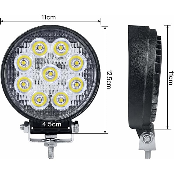 Pakke med 2 stk. 27W LED-arbejdslys Runde arbejdslys Offroad-projektør Flomlys Projektør Flomlys Arbejdslys til ATV SUV Traktor Have 1755LM