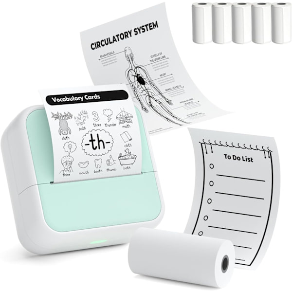 Blækfri Bluetooth Klistermærkeprinter - Mini Termisk Printer til Telefoner - Udskriver Noter, Fotos & DIY Etiketter - Inkluderer 5 Ruller Klæbepapir (Grøn)