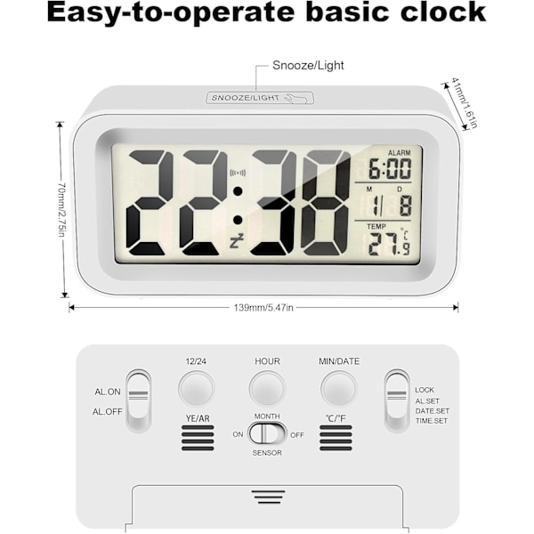 Uppgraderad Digital Väckarklocka - Sängklocka med Temperatur, Snooze, Nattlampa & Kalender (Vit)
