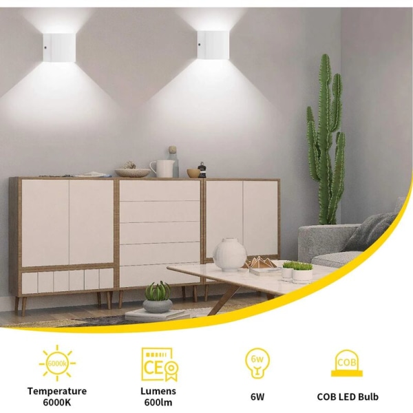 2 stk. LED indendørs op og ned væglampe hvid moderne 6W aluminium væglampe til stue soveværelse køkken, ikke-vandtæt, ikke-dæmpbar, Co