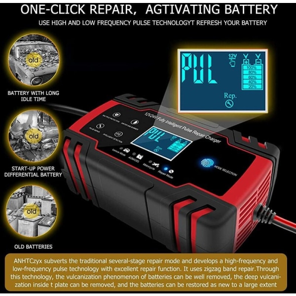 12V/24V 8A intelligent batterilader, batterilader vedlikehold og automatisk reparasjon bærbar funksjon med LCD-skjerm, for bil motorsykkel