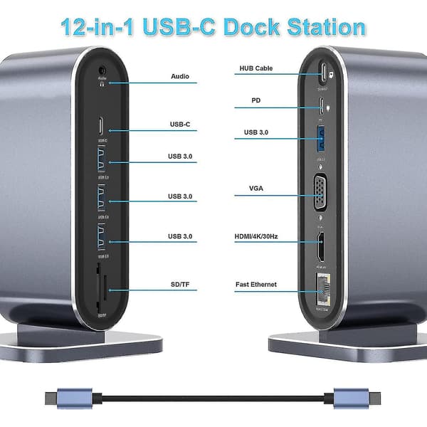 12-i-1 USB C Dockningsstation USB C Hub Dock Laptop Display Dockningsst