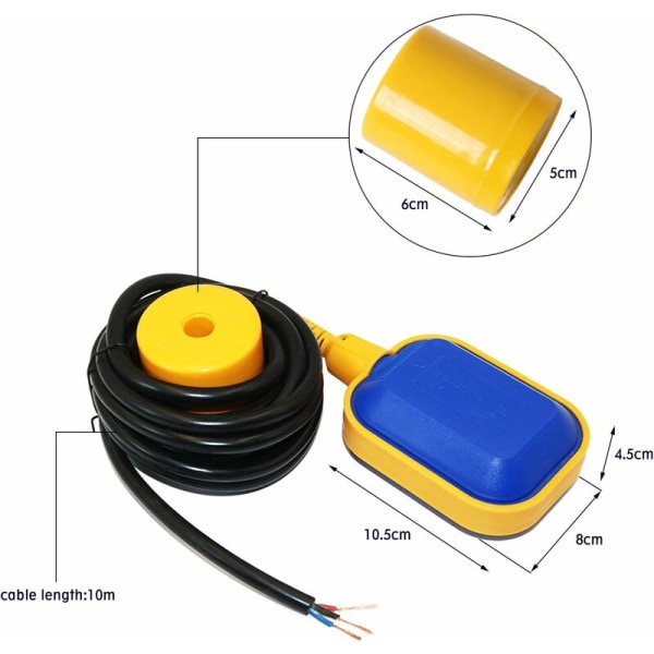 Pumpe Float Switch, Float Vandstandssensor Switch med 10M Kabel Float Switch Vandstandskontroller, til Dykning med Vandtank 250V 15A