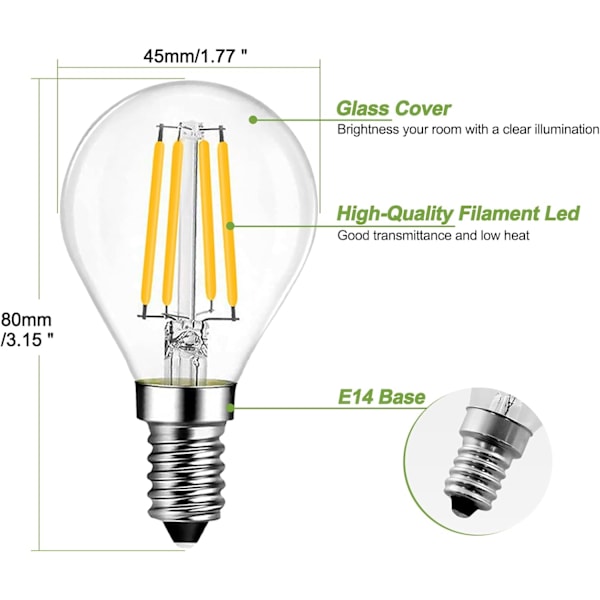 Himmennettävä E14 LED-lamppu, P45 G45 Golfpallolamppu Vintage Filamenttilamppu, E14 Pieni Edison-ruuvilamppu Valkoinen valo 3000K, 4W SES-lamppu 40W vastaava, 6 kpl