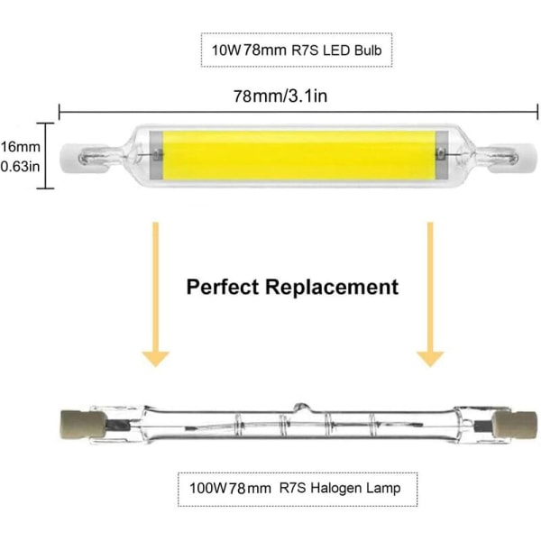 2-pakning 10W 78mm R7S LED-lyspærer Dimbar Kald Hvit 6000-6500K 100W Halogen J78 Erstatning, Dobbel Endet R7S Base Rør, 360 Strålevinkel,